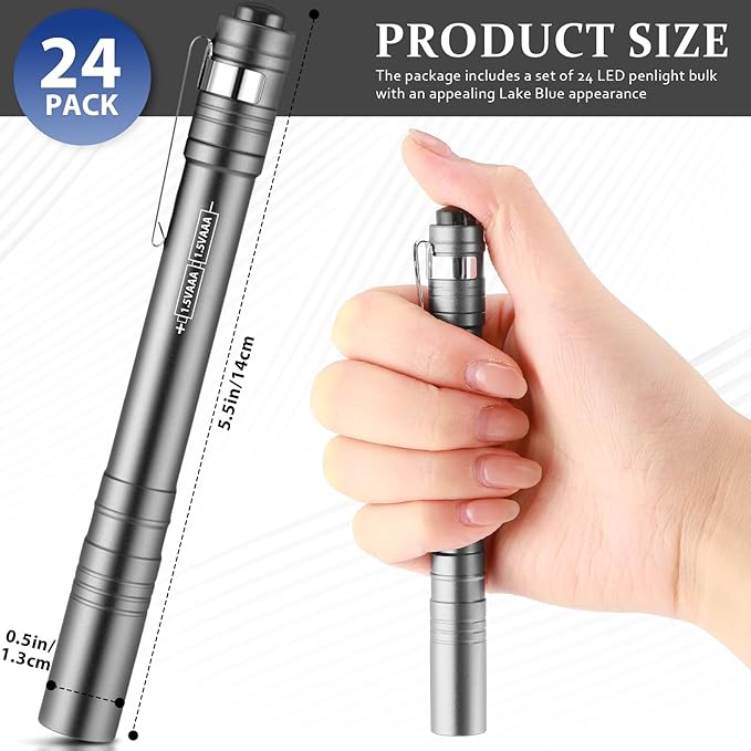 24 Pack Mini Pen Flashlights Bulk LED Pen Lights Aluminum Pocket Flashlights with Clips Small Handheld Torches Gifts for Camping Hiking Emergency Outdoor (Silver Gray)