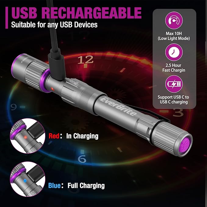 EverBrite Rechargeable Pen Flashlight with UV Light and White Light, 395nm Black Flashlight with Clip, Zoomable 4 Modes with Memory, USB C Cable, for Camping, Emergency, Pet Urine Detection,Grey