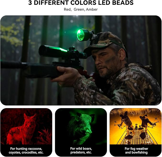 Coon Hunting Lights Headlamp for Coyotes Hog Predators, 10W Rechargeable & IPX5 Waterproof, 6 Lighting Modes, 45000LUX 4-Color LED (White Red Green Amber) with Camo Hunting Hat for Forehead