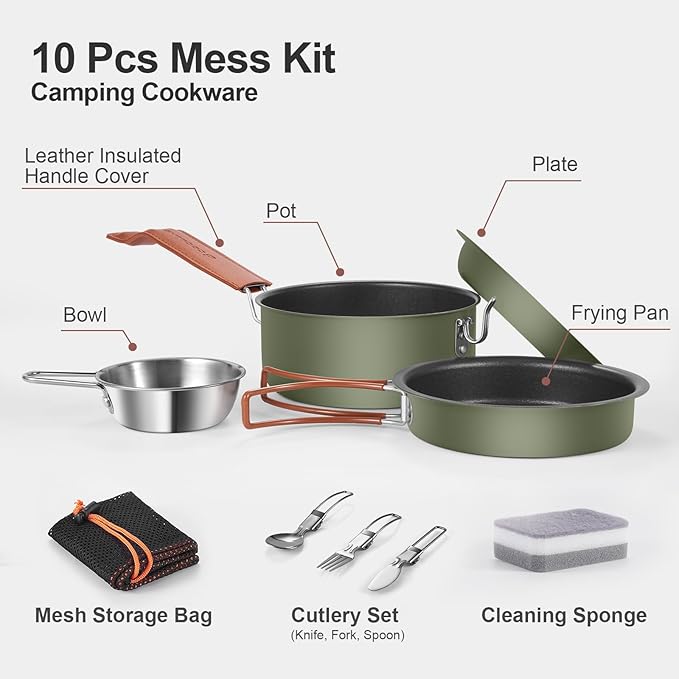 Odoland 10pcs Camping Cookware Non-Stick Camping Pot and Pan Set with Plate Bowl Fork Knife Spoon for Backpacking, Hiking, Outdoor Cooking and Picnic