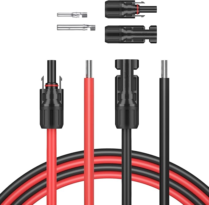 30 Feet 10AWG(6mm²) Solar Panel Wire, 10 Gauge 30FT Black & 30FT Red Tinned Copper Extension Cable Kits with Female and Male Connector for RV Home Boat and Any Other Off-Grid Applications