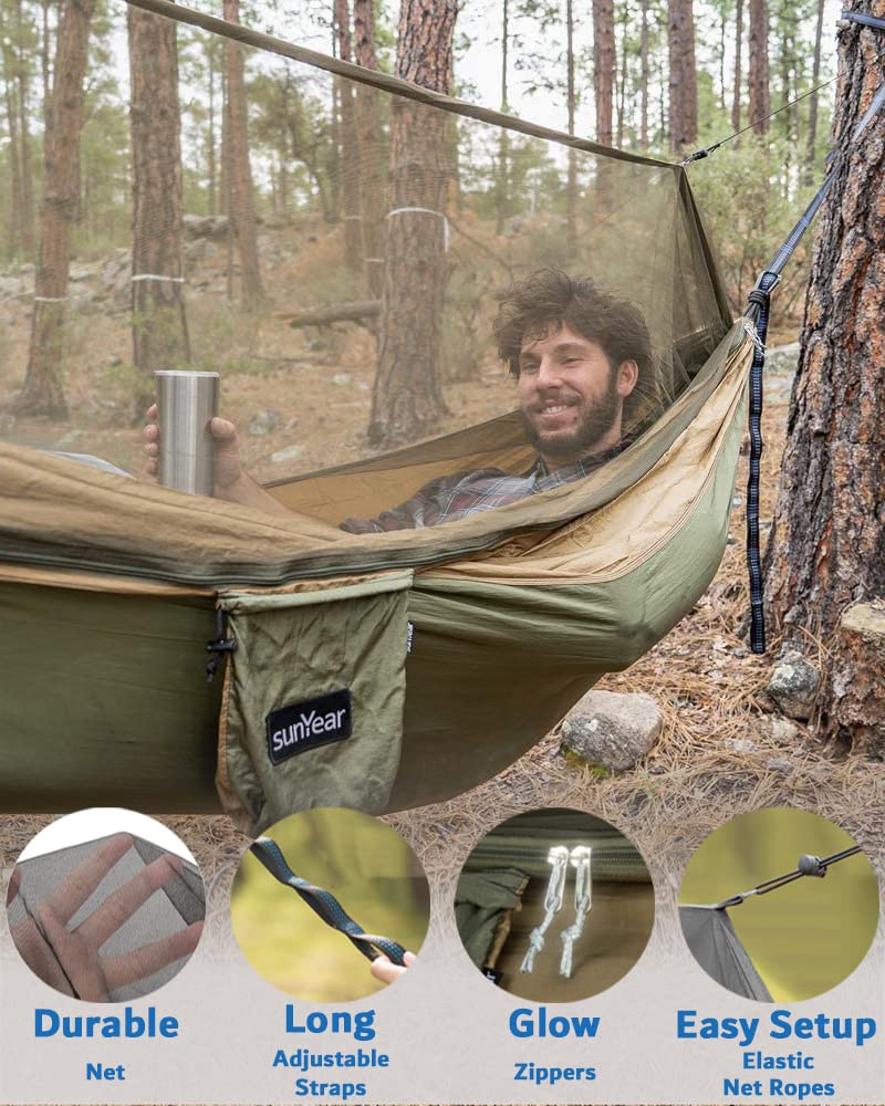 Sunyear Hammock Camping with Rain Fly Tarp and Net, Portable Camping Hammock Double Tree Hammock