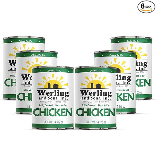 Werling & Sons Canned Chicken 14.5 Oz– Fully Cooked, Ready to Eat | Premium Quality, Recipe-Ready Canned Meat | 5-Year Shelf Life | Pantry Staple for Camping, Survival & Emergency Use | Made in USA | Pack of 6