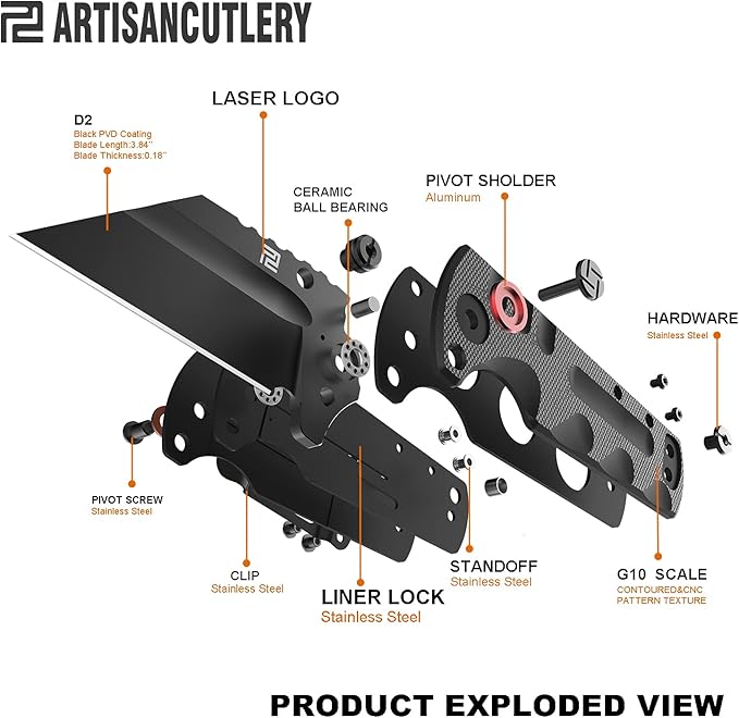 ARTISANCUTLERY Tactical Knife Proponent Normal Size(1820P) D2 Steel Black PVD Blade, Folding Pocket Knife with G10 Handle, Black