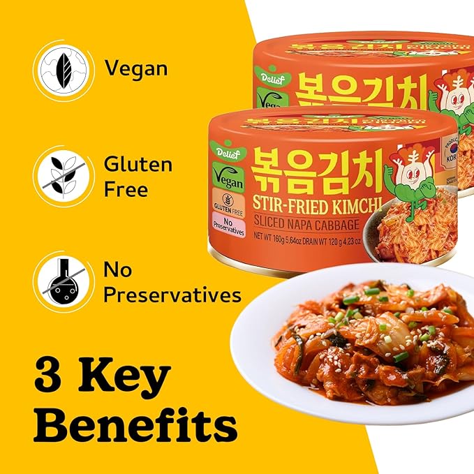 DELIEF Stir-Fried Cabbage Kimchi - Authentic Korean Cabbage, Vegan, Gluten-Free, Shelf-Stable Canned, No Preservatives, 5.64 oz/160 g (4 Packs)