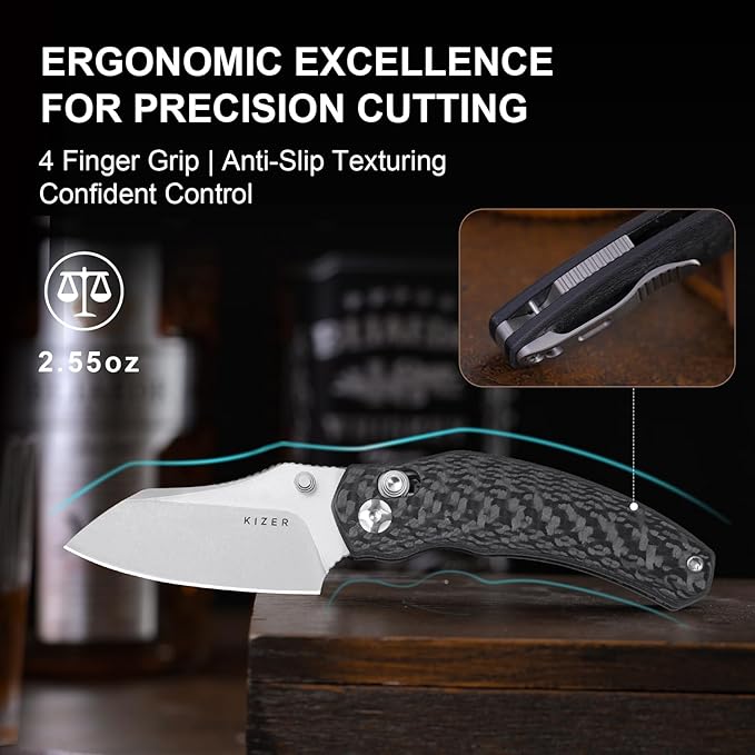 Kizer Mini Bulldog Pocket Knife, 2.5??S45VN Sheepsfoot Blade Folding Knife, Carbon Fiber Handle Clutch Lock Small EDC Knife for Men Women Gift, Camping Hunting Knives Ki3672SA3