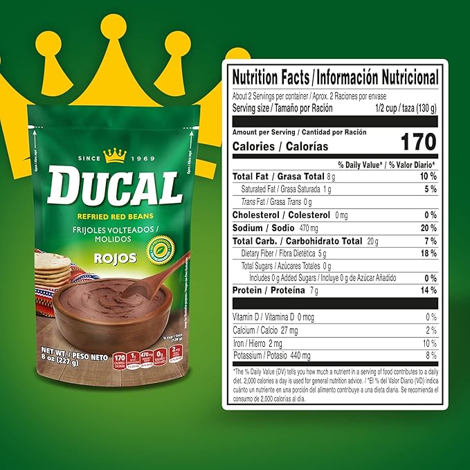 Ducal Refried Red Beans Pouch - Instant Vegetarian Refried Red Beans, Non-GMO And Gluten-Free - Excellent Source in Protein And Iron, Cholesterol Free, 14.1 Ounce (Pack of 18)