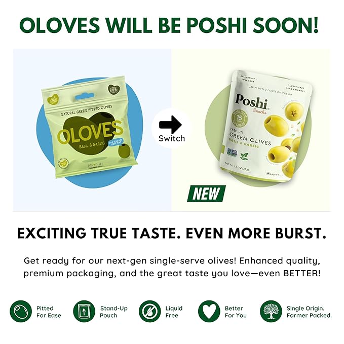 POSHI Green Pitted Olives - Basil & Garlic | Vegan, Kosher, Gluten Free + Keto Friendly, Fresh, Low Calorie Healthy Snacks | (30 Pack, 1.1oz Bags)