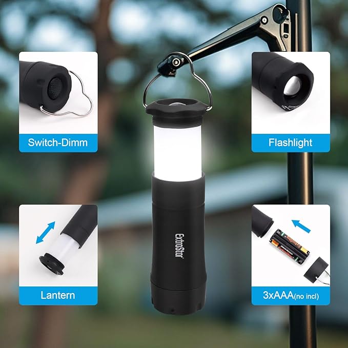 EXTRASTAR LED Camping Lanterns, 2-in-1 Battery Operated Flashlight, Zoomable Torch 3 Modes, Max 35 Lumens, IPX2 Water Resistant, Suitable for Hurricane, Emergency, Storm, Outages, 2 Pcs