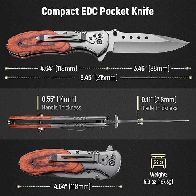Pocket Knife for Men - Wood Handle Folding Pocket Knives with Clip, Glass Breaker - 3.46" Sharp Blade EDC Knife for Dad Tactical Hunting Survival Camping Fishing Hiking - Grey