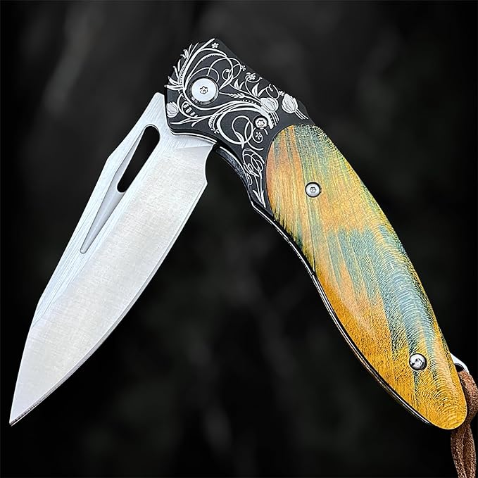 TACTICAL GEARZ Premium EDC Folding Pocket Knife, ASP30 Steel Drop Point Blade, Ball Bearing Pivot, Solidified Wood Handle, Includes Premium Leather Sheath (Narsil)