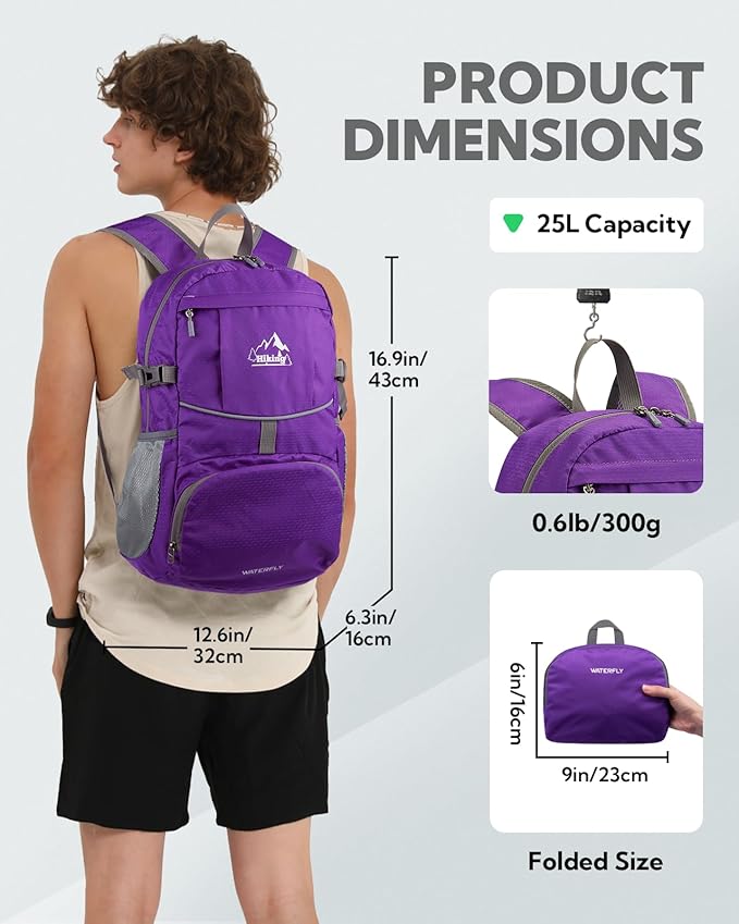 WATERFLY Hiking Foldable Daypack Backpack: 25L Ultra Lightweight Waterproof Day Pack for Woman Man - Small Compact Packable Folding Back Pack for Outdoor Sport Cycling Biking Travel Trip - Purple