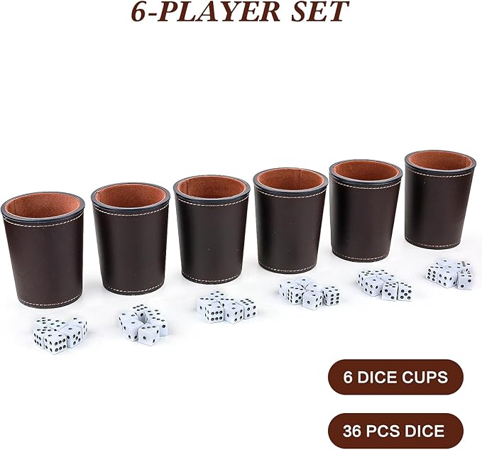 Felt-Lined PU Leather Dice Cup Set, 6 Quiet Dice Shaker Cups with 36 Dices for Bar Party Yahtzee Farkle Dice Games, Coffee