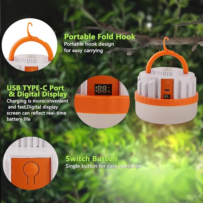 LED Camping Lantern,Scalable Foldable Camping Lamp with Digital Display Screen 5000 Lumens Rechargeable Emergency Light, 3000mAh Battery, White and Orange (Orange, 7W 3000mAh)