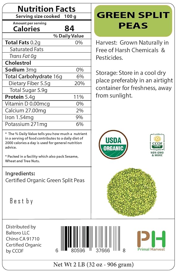 Organic Green Split Peas- Fiber & Protein rich, Raw, Non-GMO, Vegan Bulk-5LB