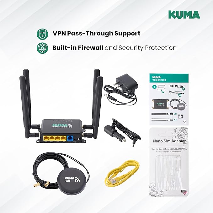 KUMA Connect PRO 4G LTE - RV WiFi Kit for Stable RV Internet - Sim Card Modem & WiFi Router for 32 Devices, Portable WiFi Hotspot with Outdoor Antenna for Car, Boat, Campers, Motorhomes - 12v Powered