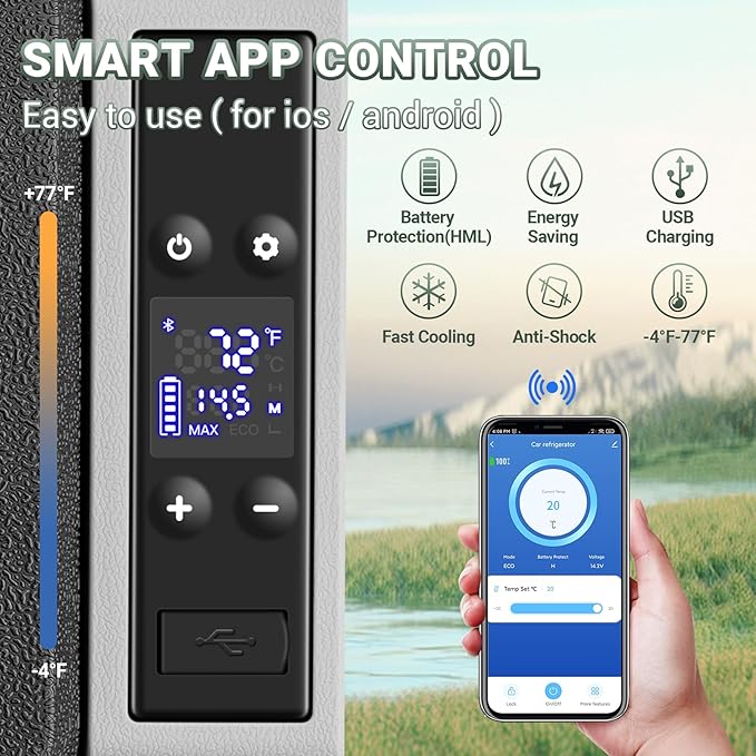 BODEGACOOLER 12 Volt Car Refrigerator, Electric Cooler Portable Freezer APP Control, 32Quart(30L) RV Car Fridge-4℉-68℉, 12/24V DC100-240 Volt AC for Outdoor Camping Travel Vehicles Home Use, Black