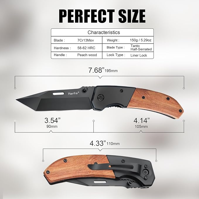 Harita Pocket Knife for Men, Folding Utility with Pocket Clip, Wood Handle EDC for Women with 3.4″ Black Steel Blade, Camping Knife, Hunting, Hiking - Father's Day Gift (Back, 3.4 inch Classic Blade)