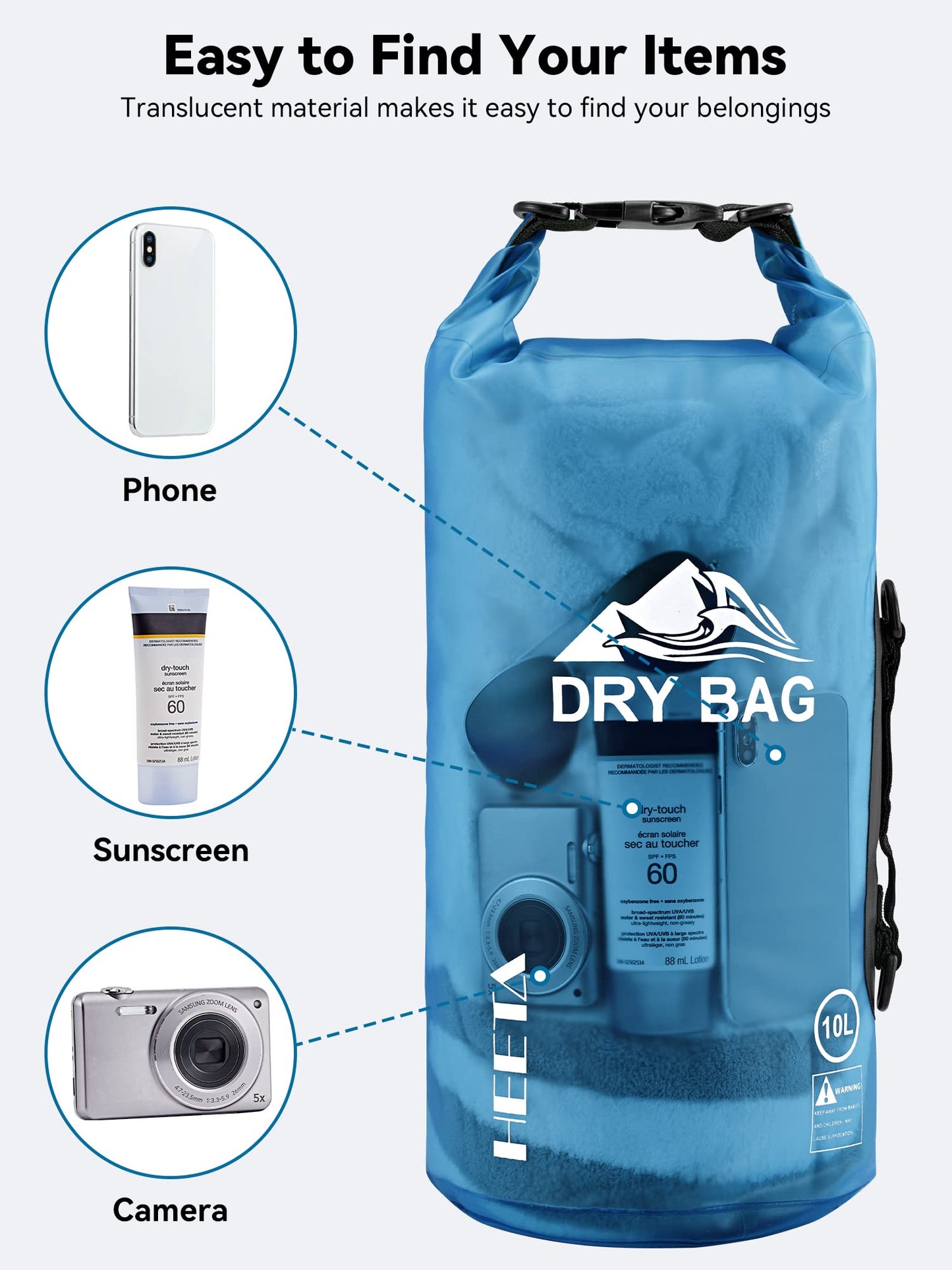 HEETA Dry Bag Waterproof Backpack with Phone Case (Transparent Blue, 10L)