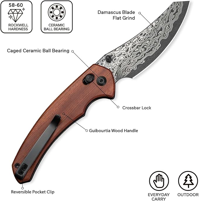 CIVIVI Sixgill Folding Pocket Knife for EDC, 3.41'' Damascus Blade Guibourtia Wood Handle, Deep Carry Reversible Clip, Gift for Men Women C24050-DS1
