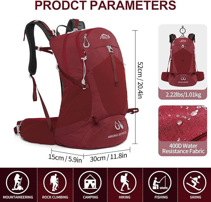 Hiking Backpack, Waterproof Hiking Daypack with 3L Water Bladder and Rain Cover, Lightweight Travel Camping Backpack for Men Women (Red)