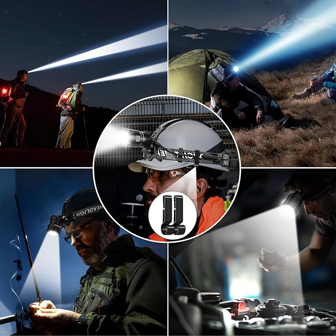 Super Bright Headlamp Rechargeable 2 Pack, High Lumen LED Head Lamp with Motion Sensor, 5 Modes, Zoomable Head Light for Forehead, 90° Adjustable, Waterproof Headlamps for Adults, Hard Hat, Camping