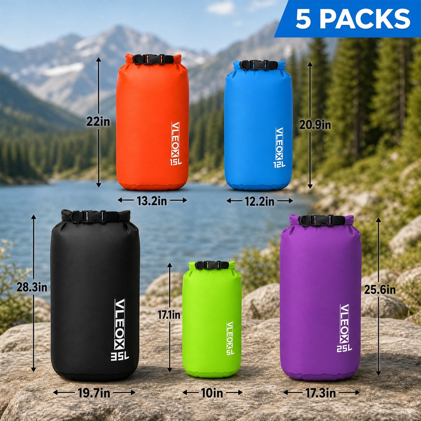 vleoX Dry Bag 3-Pack/5-Pack, Lightweight Dry Sack, Waterproof Bags