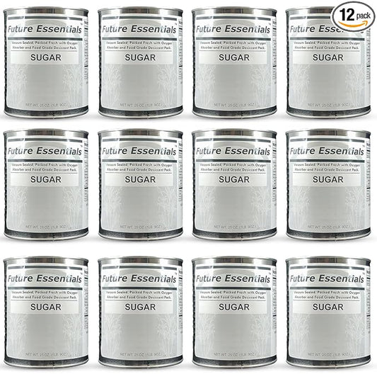 Future Essentials White Sugar Pure Granulated Sugar for Baking & Cooking Natural Sweetener Shelf Stable Emergency Food Supply Great for Hiking, Backpacking & Camping 25 Years Shelf Life Pack of 12 Cans