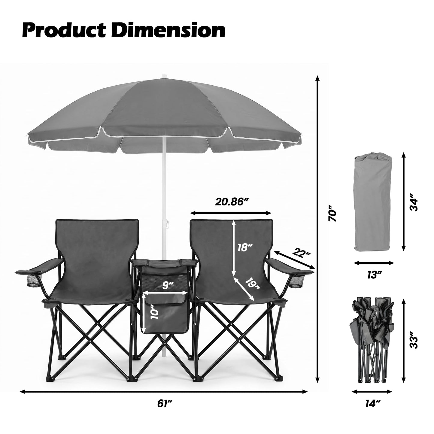 DOALBUN Folding Double Camping Chair with Umbrella Portable Picnic Chair