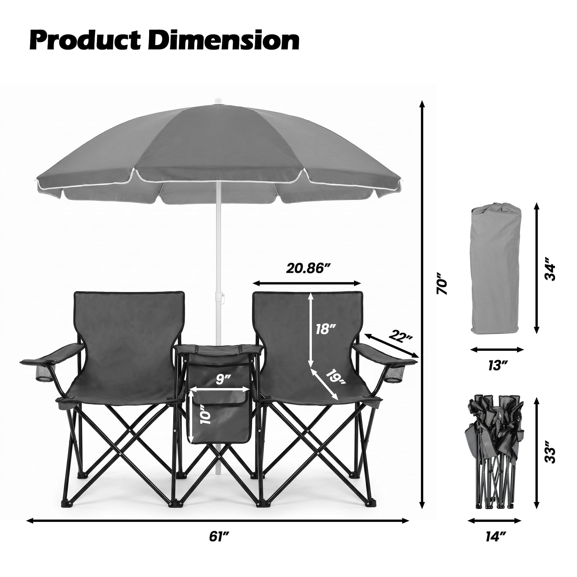DOALBUN Folding Double Camping Chair with Umbrella Portable Picnic Chair