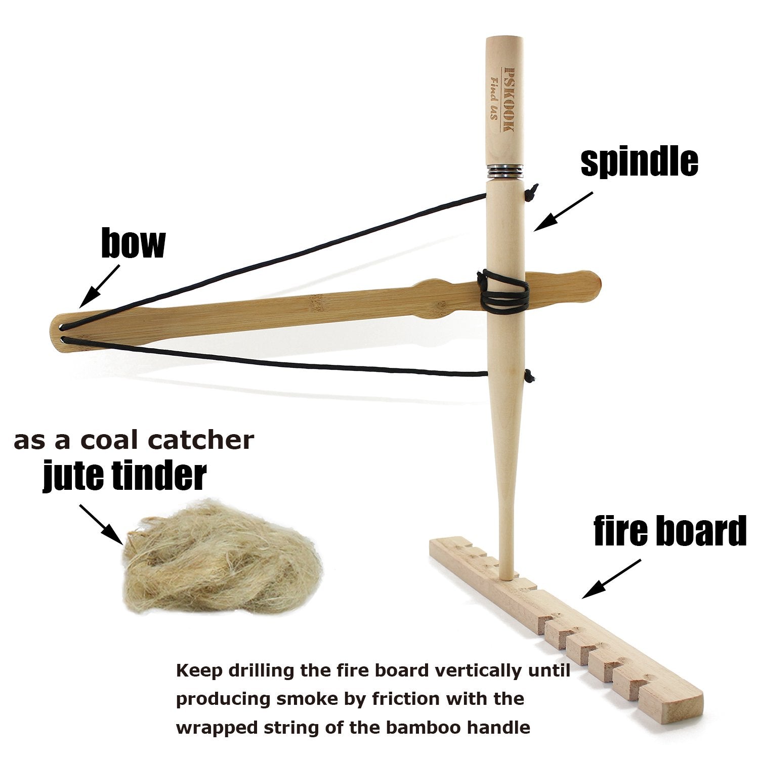 Bow Drill Fire Starter Kit, Pskook Survival Tool, Primitive Friction Fire Starting Kit, Bushcraft