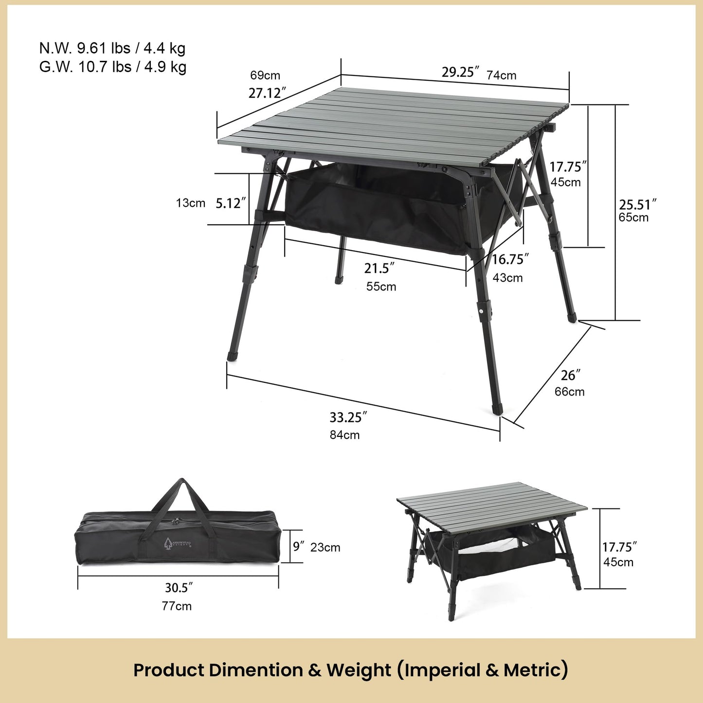 ARROWHEAD OUTDOOR 39 in Aluminum Folding Camp Roll Up Table, Camping