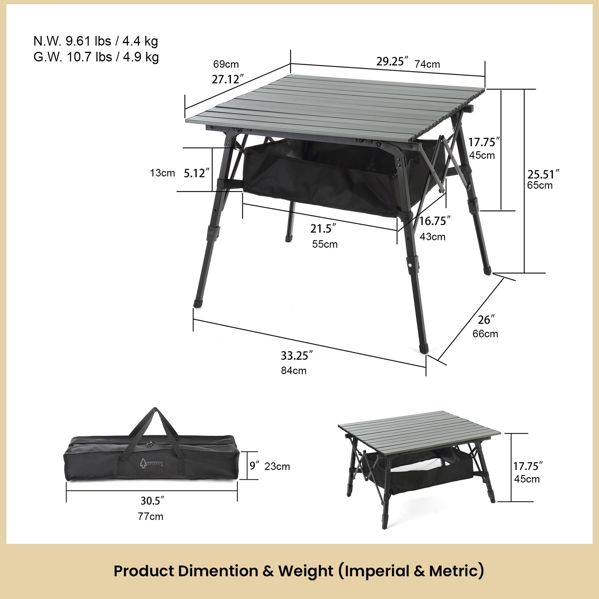 ARROWHEAD OUTDOOR 39 in Aluminum Folding Camp Roll Up Table, Camping