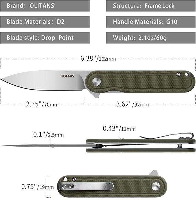 G040 Pocket Knife, 2.75'' D2 Steel Blade G10 handle, Small EDC Knife with Pocket Clip for Men Women, 2.1oz