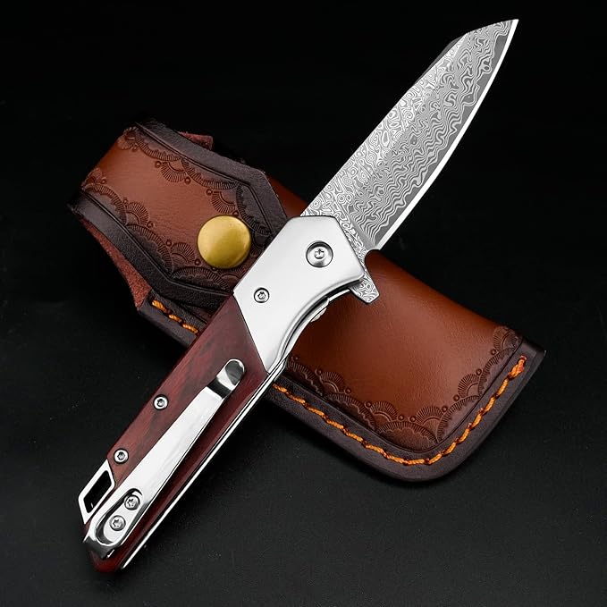 KOMWERO Damascus Pocket Knife with Clip Leather Sheath, 3.14 inch Sharp Damascus Steel Knife with Rosewood Handle, EDC Damascus Folding Knife for Men Women Camping Collection