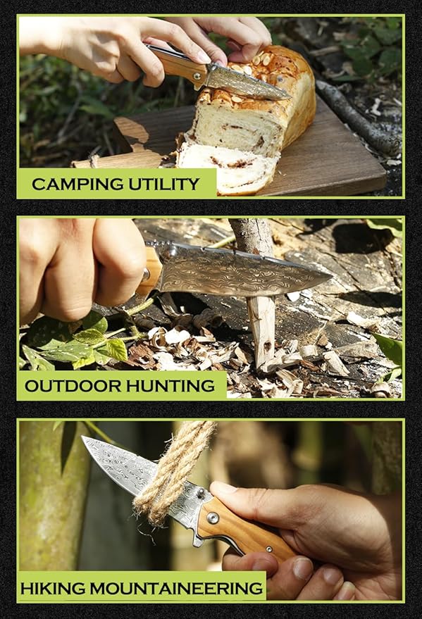 YOUSUNLONG Folding Knife Overall 191mm Pocket Knife - Hammered Damascus Steel Blade - Natural Italian Olive Wood Handle