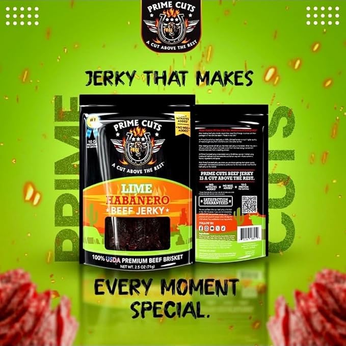Prime Cuts Jerky Variety Pack – 6 Gourmet Beef Brisket Flavors, 100% USA Beef, No MSG or Nitrates, Tender & Marinated, High Protein Snack – 6 Bags of Premium Jerky
