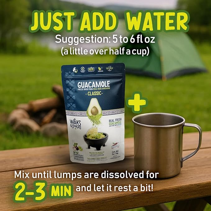 WAKS & SNACKS Freeze Dried Guacamole Classic |100% Fresh Hass Avocados, Perfect for Tortilla Chips | Energizes Camping & Hiking Meals | Vegan, Gluten-Free Guac Dip for Snacks | 2 Avocados | 2 oz, 1-Pack