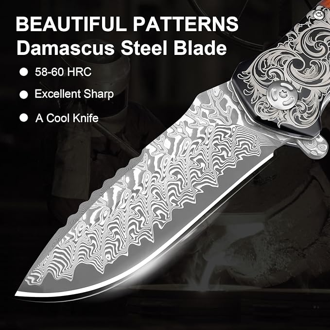 Pocket Knife with Glass Breaker, EDC Damascus Folding Knife with Seatbelt Cutter, 3.35" VG10 Damascus Steel Blade Multitool Pocket Knives with Wood Handle