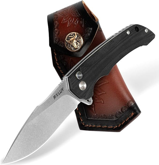 Folding Pocket Knife with Leather Sheath, 3.47" N690Co Premium Steel Blade G10 Handle Knives, EDC Small Folding Knife for Men Women, Outdoor Survival Camping Hiking Knife (Black)