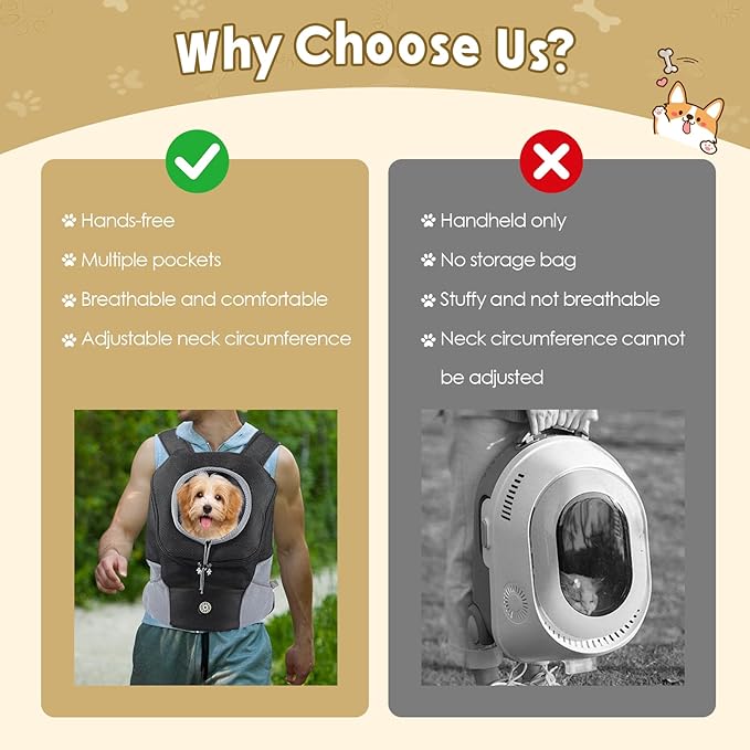 Dog Backpack Carrier, Front Chest Dog Carriers for Small Dogs, Pet Carrier Backpack with Multi-Pocket, Adjustable Neck Hole, Breathable Mesh Dog Front Carrier for Travel Hiking Cycling (Large)