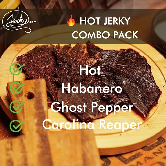 Jerky.com Hot Jerky Combo - Featuring Habanero, Ghost Pepper, Carolina Reaper, and Classic Hot Beef Jerky - Perfect for Heat Seekers and Flavor Enthusiasts - Great Gift for Men (4 Flavors - 2.5 oz. bags)