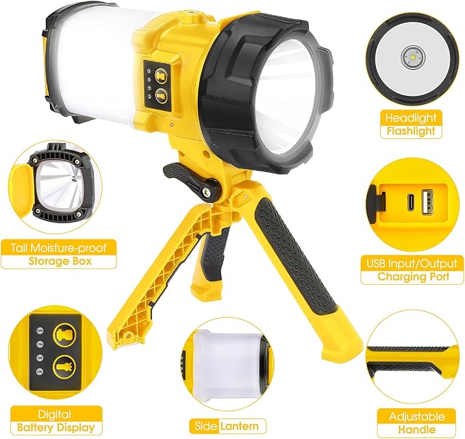 Tripod Rechargeable Camping Lantern, 6 Modes LED Flashlight Handheld Spotlight with 4000LM, 4400mAh Power Bank, IPX4 Waterproof Searchlight Work Light for Emergency Hiking Survival Kit - Yellow