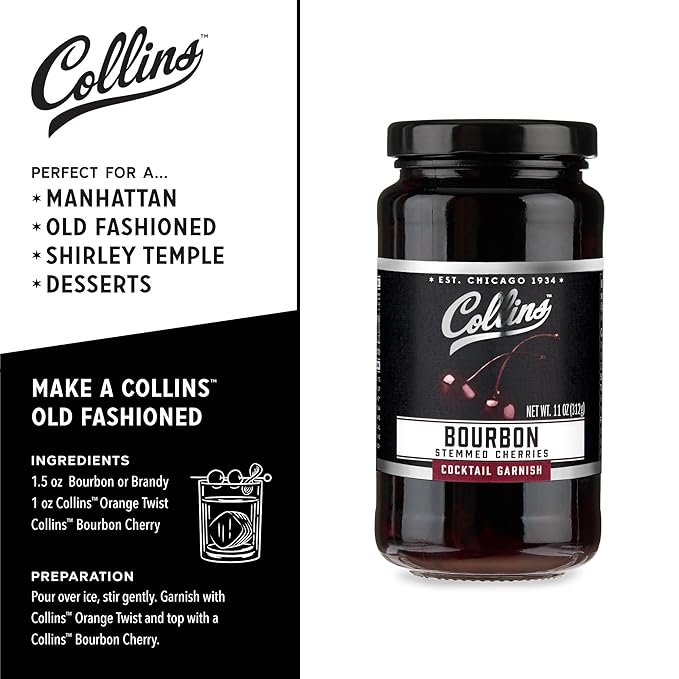 Collins Bourbon Cocktail Cherries - Drinks Garnish for Manhattan or Old Fashioned Cocktails and Desserts, Made with Award Winning Whiskey, Set of 6 11 oz Jars
