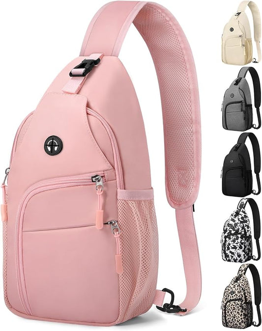 Crossbody Bags for Women Man Waterproof Sling Bag Backpack Trendy Casual Cross Body Bag with Convertible Shoulder Strap Chest Bag for Camping Hiking Travel Essentials (Pink, Large)