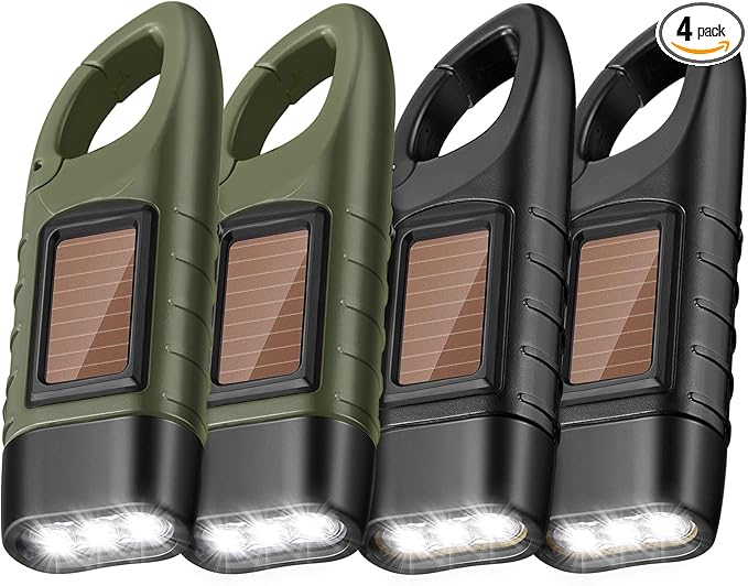 Mudder 4 Pack Hand Crank Solar Powered Flashlight Emergency Rechargeable Led Flashlight Survival Gear Self Powered Charging Torch for Hiking Backpack Camping Safety Emergency Pack (Green, Black)