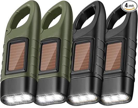Mudder 4 Pack Hand Crank Solar Powered Flashlight Emergency Rechargeable Led Flashlight Survival Gear Self Powered Charging Torch for Hiking Backpack Camping Safety Emergency Pack (Green, Black)