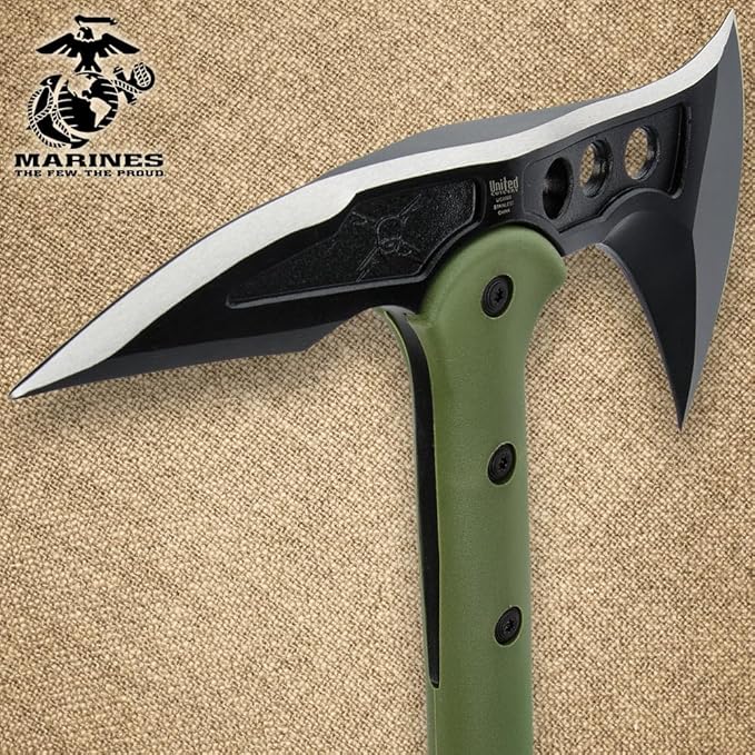 USMC Tactical Tomahawk | 2Cr13 Stainless Steel Head | 3 7/8" Blade and Curved Spike | Fiberglass and Nylon Reinforced Handle | Cord Handle Wrappings | Custom Blade Sheath | 15 1/2" Overall Length