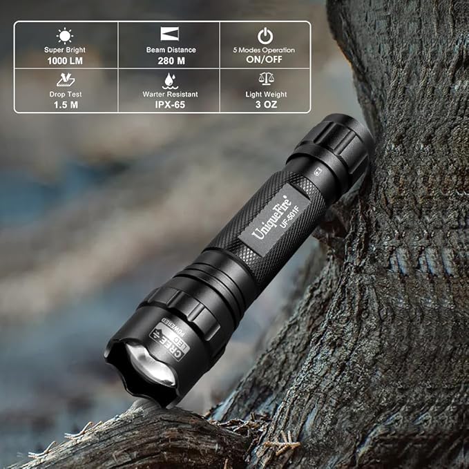 UniqueFire 501F Small Tactical Flashlight with Holster, 5 Modes Mini CREE LED Zoomable Flashlight High Lumen Torch with IPX-65 Waterproof EDC Flashlight Bright Flash Light for Daily use,Emergencies
