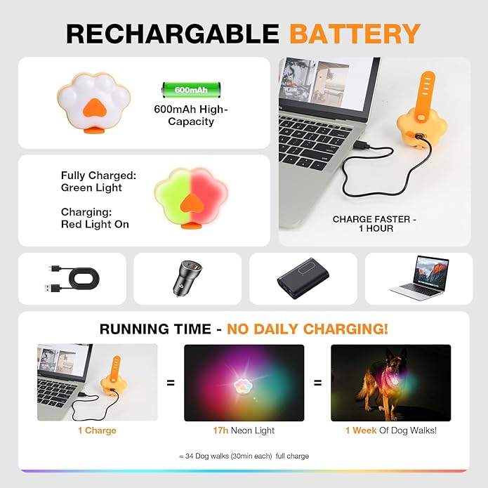 Lekereise Neon Dog Collar Lights - 6 Modes USB-C Rechargeable LED Light For Dog Collars, Waterproof & Soft Silicone Band Safety Dog Light Up Collar, for Night Walking, Running, Camping & Outdoors